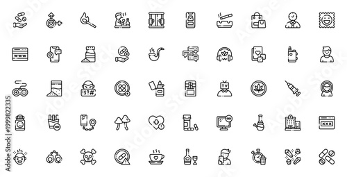 Addictions icon set. Vector illustration of harmful habits and recovery symbols. Includes drugs, alcohol, gambling, smoking, depression, smartphone, shopping, therapy and more. Editable stroke.