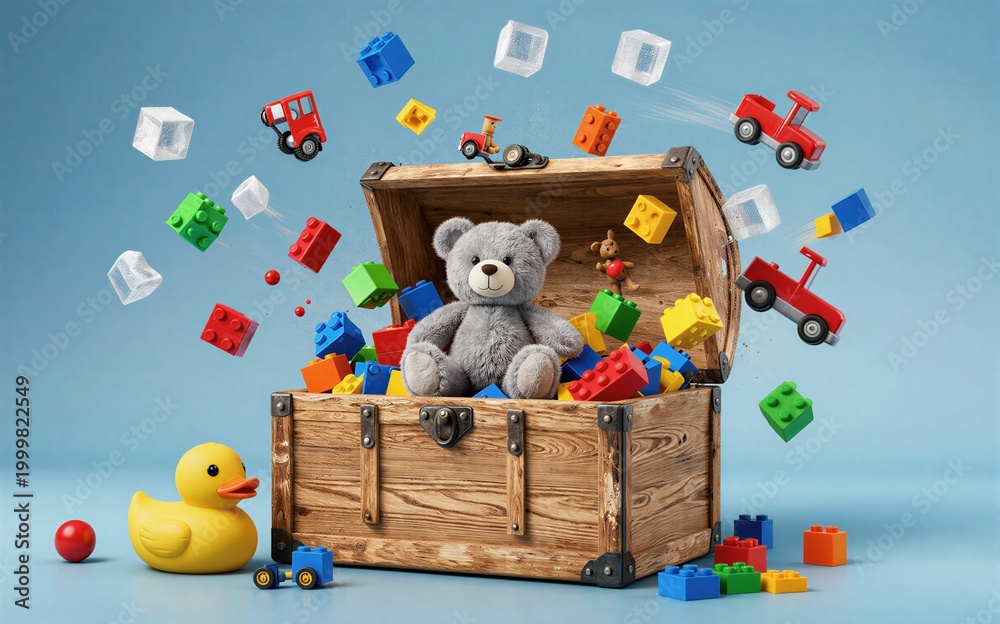 Fototapeta premium Wooden chest overflowing with toys colorful blocks flying around.