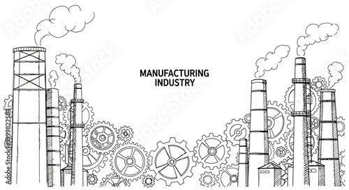 Hand drawn illustration of manufacturing industry with factory chimneys and gears.
