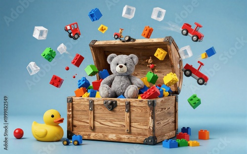 Wooden chest overflowing with toys colorful blocks flying around.