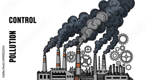 Industrial factory complex emitting heavy black smoke with gear icons.
