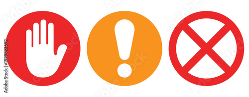 Set stop sign icon with hand, exclamation mark, and cross in circle, warning and restriction icons set, clean flat vector illustration