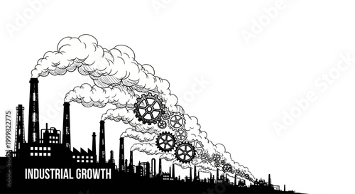 Industrial growth concept with factory smoke and mechanical gears.