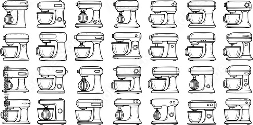 Collection of Black  White Line Art Stand Mixers: Kitchen Baking Appliances and Food Preparation Icons Vector Set