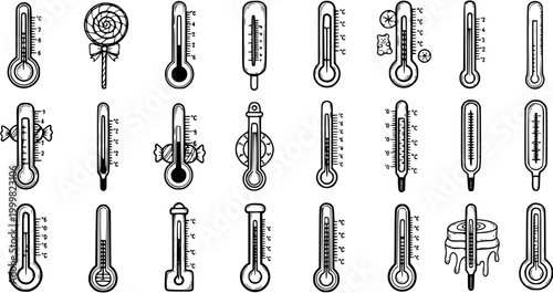 Black and White Line Art Thermometer Icons Set. Collection of Temperature Measurement Glyphs for Medical, Science, Health, and Weather Concepts.