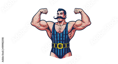 Vintage Strongman Flexing Biceps, Retro Circus Performer with Mustache
