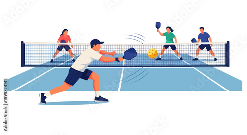 People playing pickleball on a blue court with a net, active lifestyle illustration
