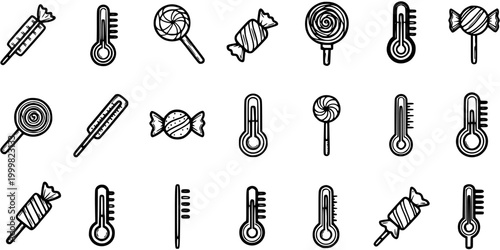 Healthcare and Confectionery Icons: Black and White Line Art Set with Thermometers, Lollipops, and Candies. Simple Outline Symbols.