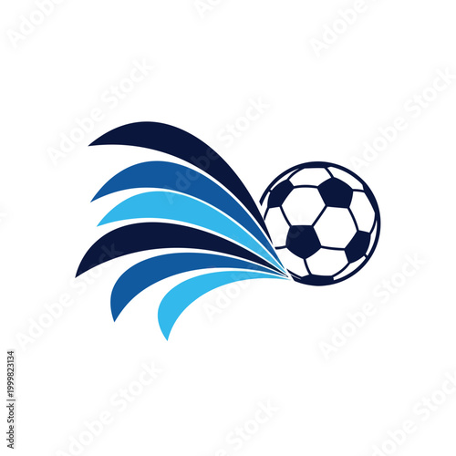 Soccer ball with dynamic blue motion lines, sport logo concept