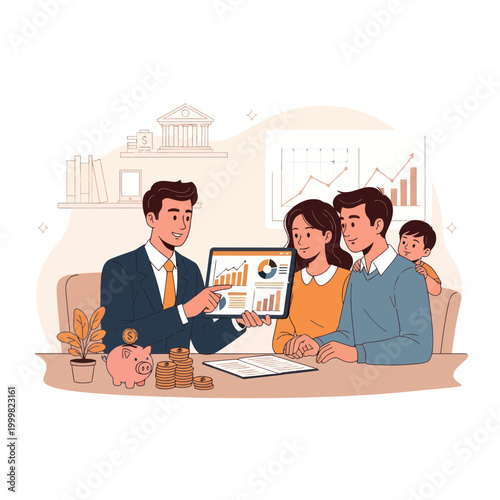 Financial advisor showing investment growth chart to a happy family