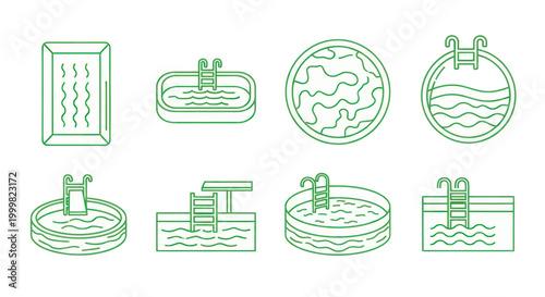 Diverse Swimming Pool Icons Set: Shapes, Sizes, and Styles