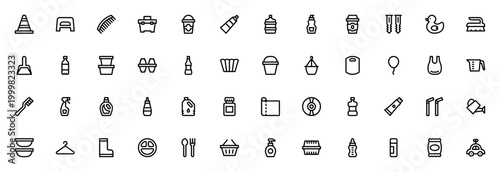Plastic Products icon set. Vector icons pack. Includes traffic cone, stool, comb, first aid kit, toothpaste, water bottle, food container, bucket, plate and more.