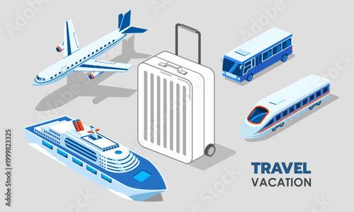 Isometric 3D illustration of travel concepts including airplanes, high-speed trains, cruise ships, and bus