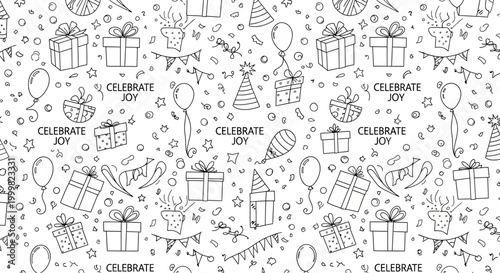 Hand drawn doodle seamless pattern with celebration elements.