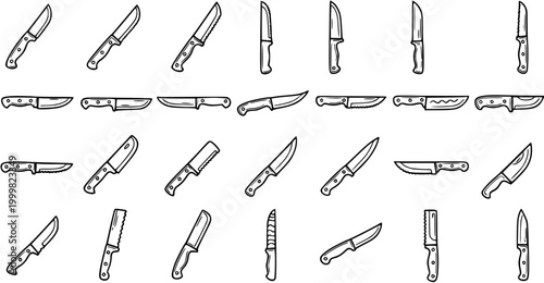 Hand-drawn Black and White Line Art Set of Various Knives for Kitchen, Food Preparation, and Utility Use