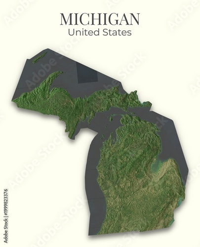 Michigan Shaded Relief Map. United States. Hillshaded physical map. Terrain illustration of Michigan. Elements of this image derrived from NASA imagery and SRTM dataset.