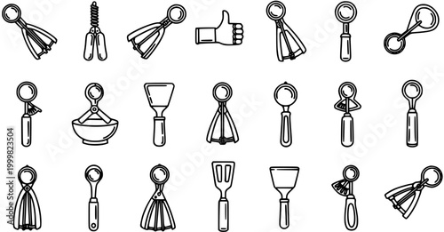 Black and White Line Art Icon Set of Ice Cream Scoops, Spoons, and Kitchen Utensils
