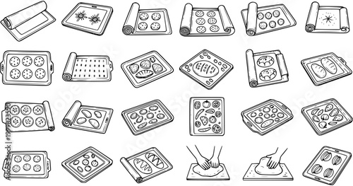 Food Baking Industry Black and White Line Art Set: Hand-drawn Illustrations of Baking Sheets, Parchment Paper, Dough Kneading, and Various Baked Goods