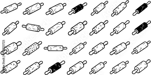Food Industry Isometric Rolling Pins Black and White Line Art Icons. Hand-Drawn Baking and Cooking Dough Rollers Collection.