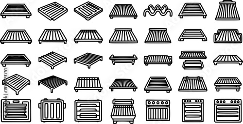 Kitchen Grates, Cooking Grills, Oven Racks, and BBQ Appliances Line Art Icons Vector Set for Food and Home Industry