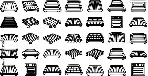 Collection of Black and White Line Art Icons representing Grilling Grates, Ovens and Baking Racks