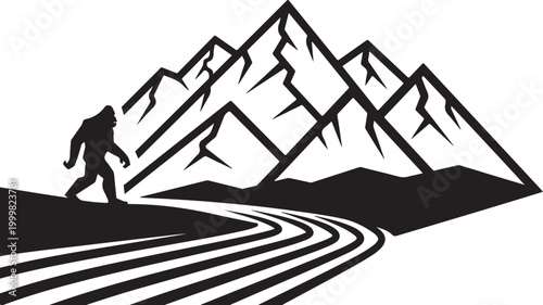 Bigfoot, mountain, silhouette, vector, black, iconic creature, landscape