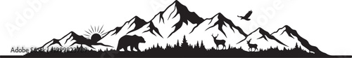 Mountain range silhouette, scenic landscape vector, black and white illustration, nature background