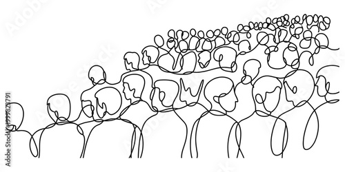 Continuous line drawing of a large crowd of people standing together looking forward at an event as a simple black outline illustration on paper
