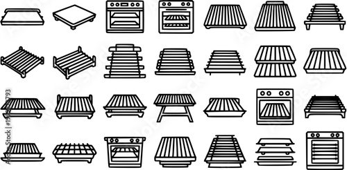 Kitchen Appliance  Food Industry Oven Racks, Grills, Baking Trays, and Ovens Line Art Icons Set. Cooking Equipment Outline Vector.