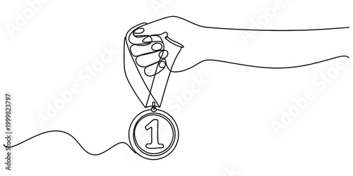 Continuous one line drawing of a human hand holding a gold medal with the number one as a symbol of victory achievement success and winning prize
