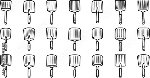 Collection of Kitchen Spatulas and Cooking Utensils in Black and White Line Art Style for Culinary and BBQ Use