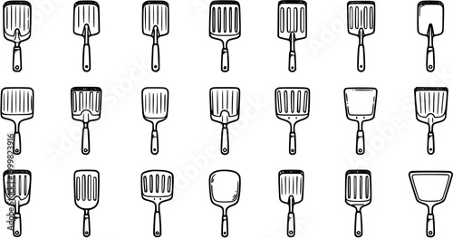 Black and White Line Art Kitchen Spatulas Icons Set. Hand-Drawn Collection of Cooking Utensils, Including Slotted and Solid Food Flippers.