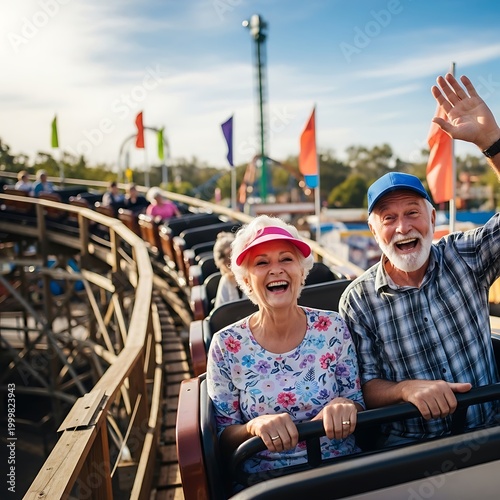 Joyful older couple enjoys thrilling ride on wooden amusement park attraction under bright daylight