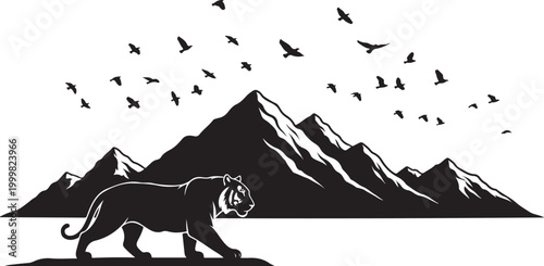 Black tiger walking, mountain landscape vector, wildlife scene, silhouette illustration