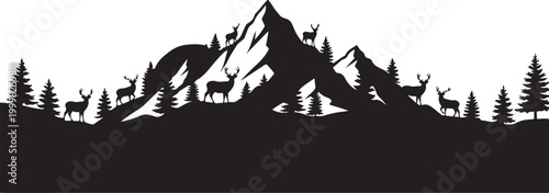 Black silhouette mountain landscape, deer and trees, scenic vector graphic, nature background