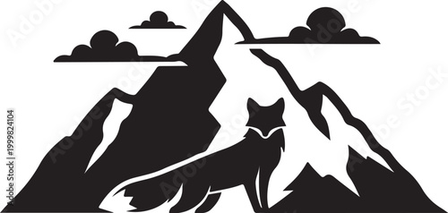 Black mountain landscape vector, wolf silhouette, scenic nature illustration, outdoor adventure icon
