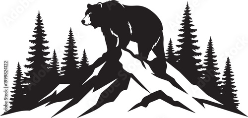 Black bear silhouette, mountain landscape, forest icon, wildlife symbol