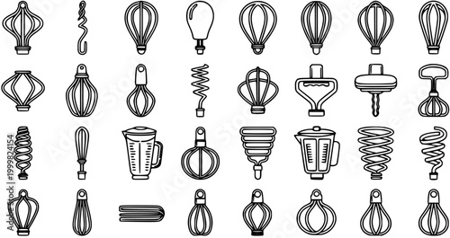 Cooking and Food Preparation Mixer, Whisk, and Blender Utensils Black and White Line Art Icon Set