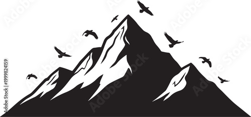 Mountain, snow, vector, black, silhouette, birds, flying, landscape, graphic