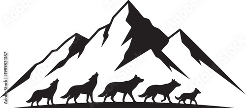 Black silhouette wolf pack, mountain range, vector icons, wildlife symbols, outdoor graphics