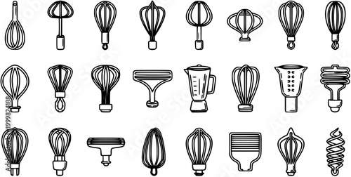 Kitchen Mixer and Blender Attachments Black and White Line Art Icon Set for Food Preparation