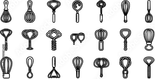 Black and White Line Art Collection of Various Whisk and Kitchen Utensil Icons