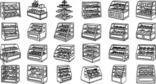 Black and White Line Art Icons Set of Bakery Display Cases with Pastries, Donuts, Bread, and Cookies for Food Industry and Sweet Shops