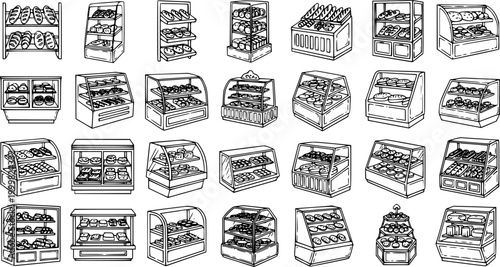 Food and Bakery Shop Display Cases and Shelves Collection - Black and White Outline Line Art Vector Icons for Retail and Confectionery Stores