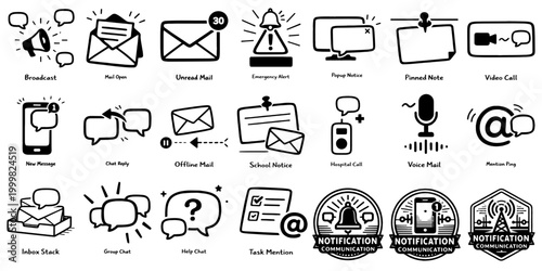 通知・コミュニケーションアイコンセット（メール・チャット・アラート・音声・SNS）、Notification and Communication Icon Set (Mail, Chat, Alert, Voice, Social)