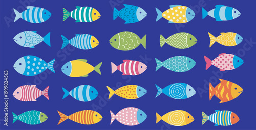 A vibrant collection of playful, stylized cartoon fish with diverse colorful patterns and textures swimming across a deep blue background creating a delightful aquatic scene.