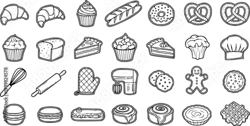 Black  White Line Art Baking Icons Set: Bakery Food, Confectionery Desserts, and Kitchen Tools Collection