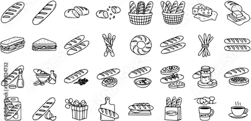 Food Industry Bakery and Bread Doodle Icons Set. Hand-drawn Black and White Line Art Baguette, Sandwich, Cheese, Coffee Outline Vector Collection.