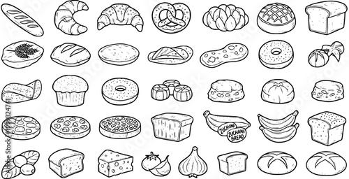 Food  Bakery Black and White Line Art Icon Set. Hand-Drawn Outline Vector Collection of Bread, Baked Goods, Croissants, Pizza, Fruits, and Vegetables.