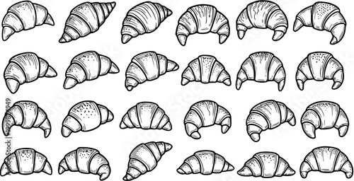 Black and White Line Art Croissant Pattern - Food Industry Vector